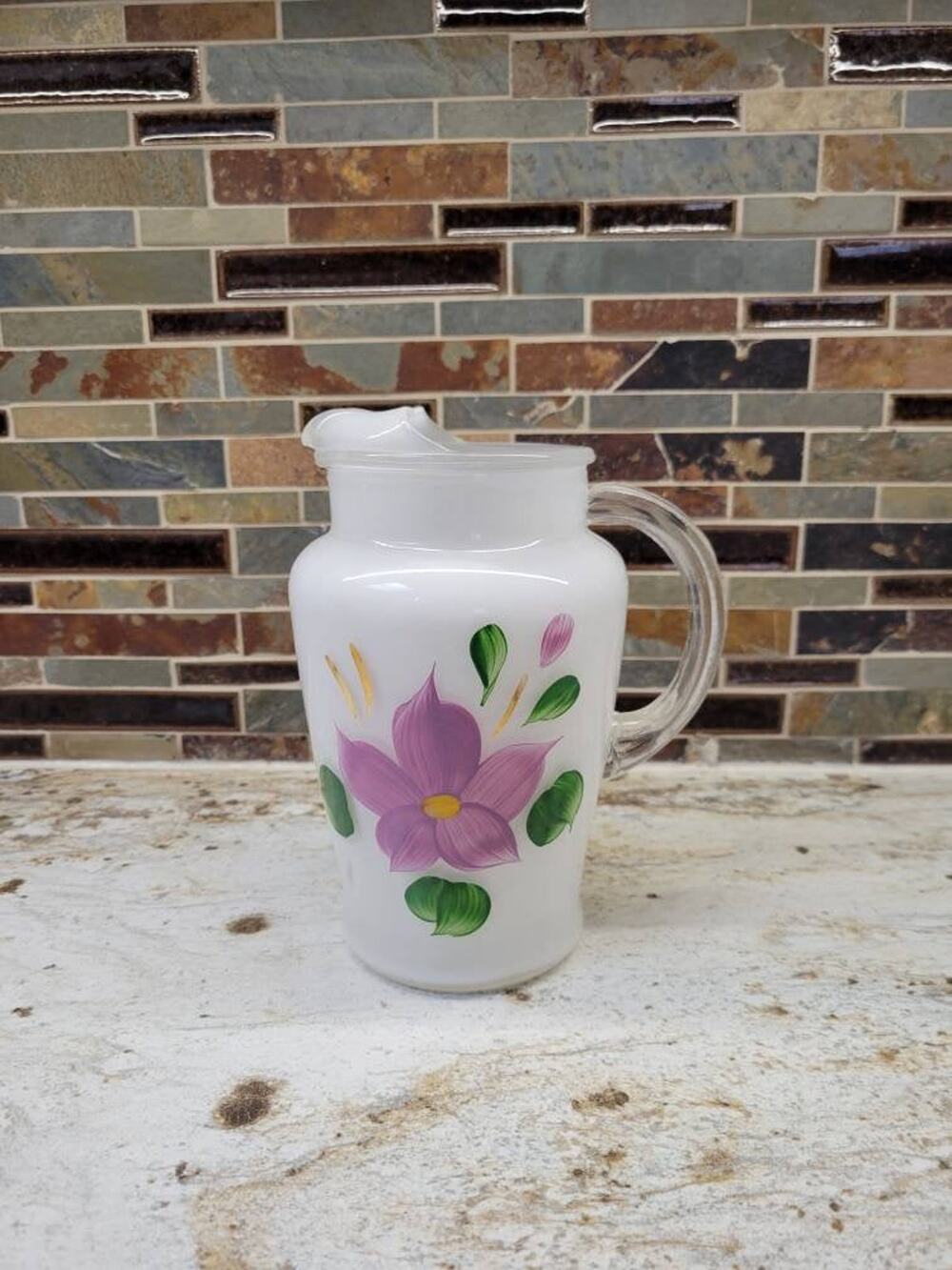 Vintage MCM Bartlett Collins Gay Fad Frosted Glass Pitcher Hand Painted 32oz